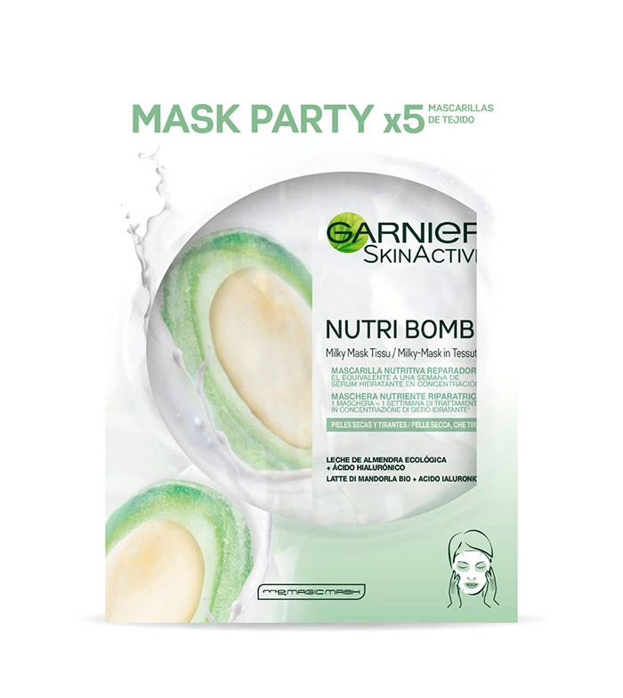 Garnier - Pack De 5 Masques Visage Nourrissants Et Réparateurs Nutri Bomb - Lait D'amande 1 Garnier - Pack De 5 Masques Visage Nourrissants Et Réparateurs Nutri Bomb - Lait D'amande