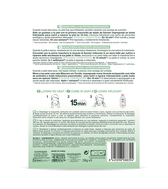 Garnier - Pack De 5 Masques Visage Nourrissants Et Réparateurs Nutri Bomb - Lait D'amande 2 Garnier - Pack De 5 Masques Visage Nourrissants Et Réparateurs Nutri Bomb - Lait D'amande – Image 2