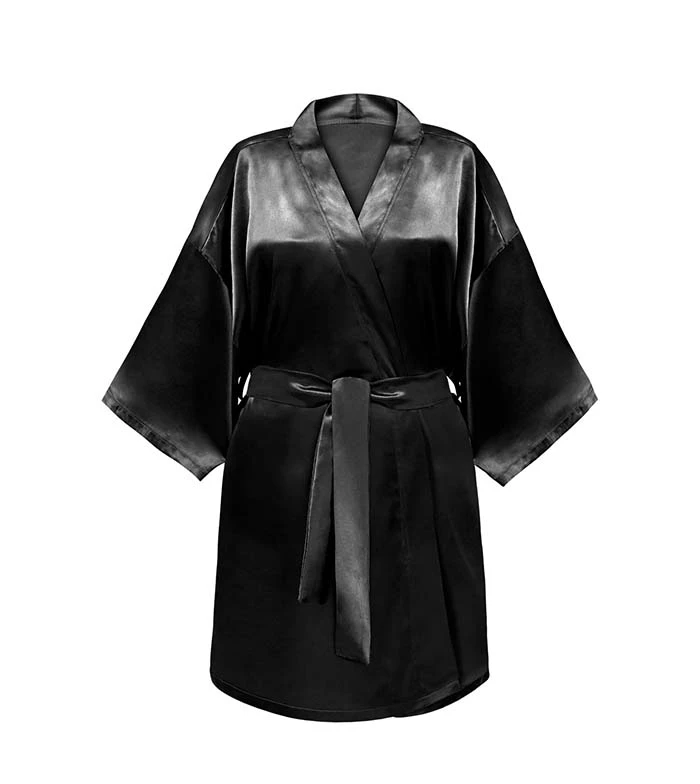 GLOV - Peignoir En Satin Kimono Style - Noir 2 GLOV - Peignoir En Satin Kimono Style - Noir – Image 2